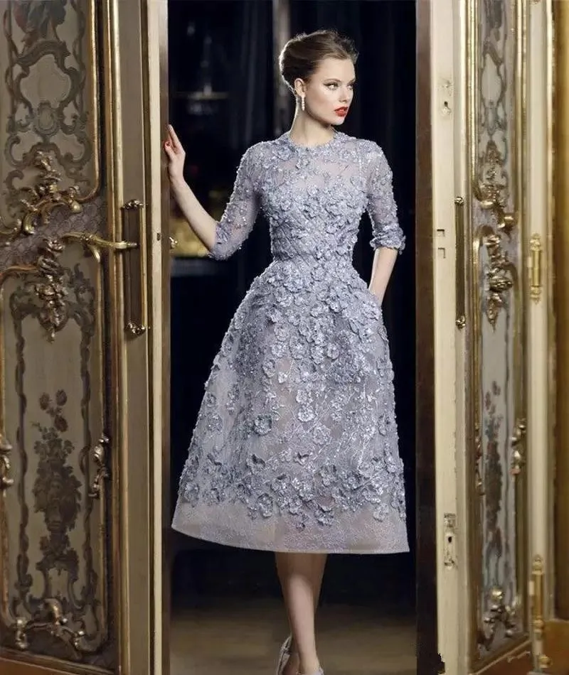 Formal Celebrity Dresses A-line Tea Length Half Sleeves Flowers Lace Beaded Famous Short Red Carpet Dresses