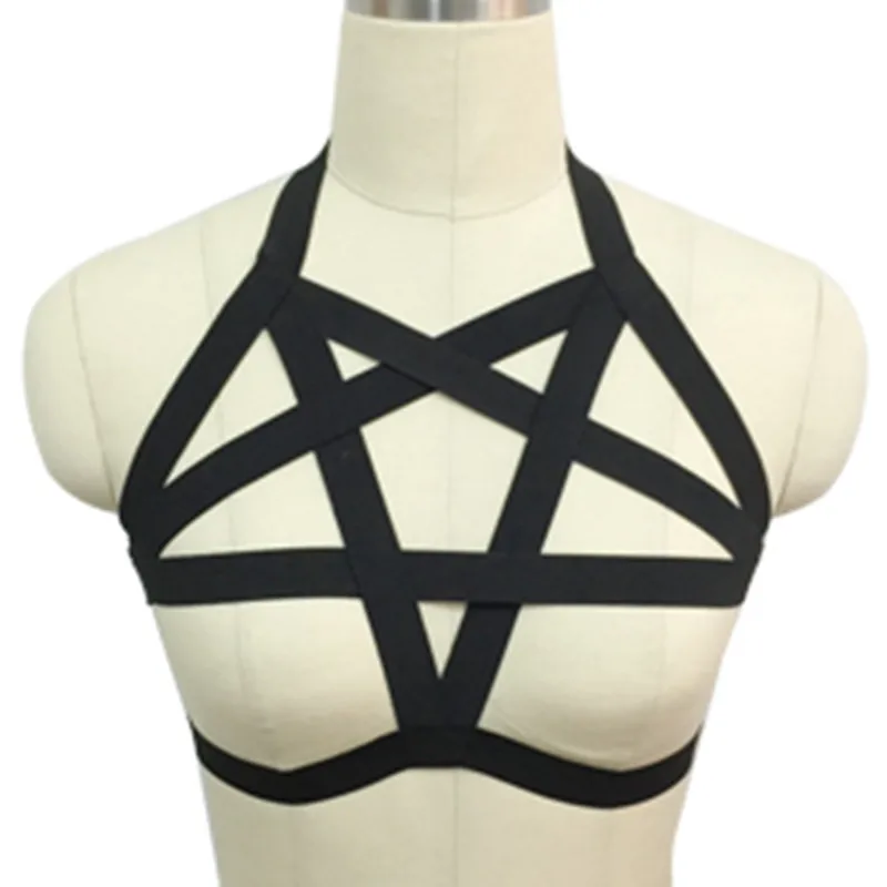

Women Pentagram Lingerie Harness Bra Crop Top Body Harness Cage Fetish Gothic Bondage Bra Halloween Rave Wear Harajuku Cage Bra