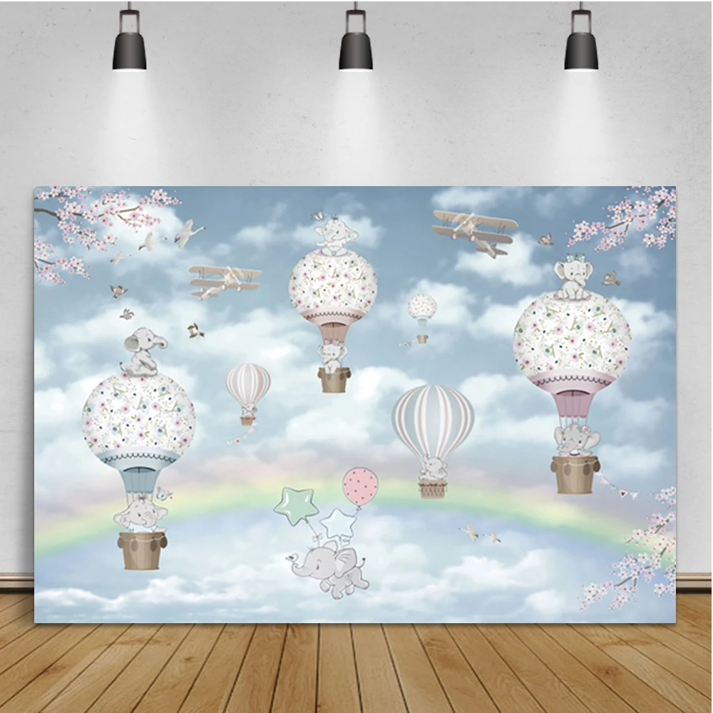 

Laeacco Cartoon Elephant Sky Hot Air Balloon Rainbow Baby Birthday Backdrop Photographic Photo Background For Photo Studio