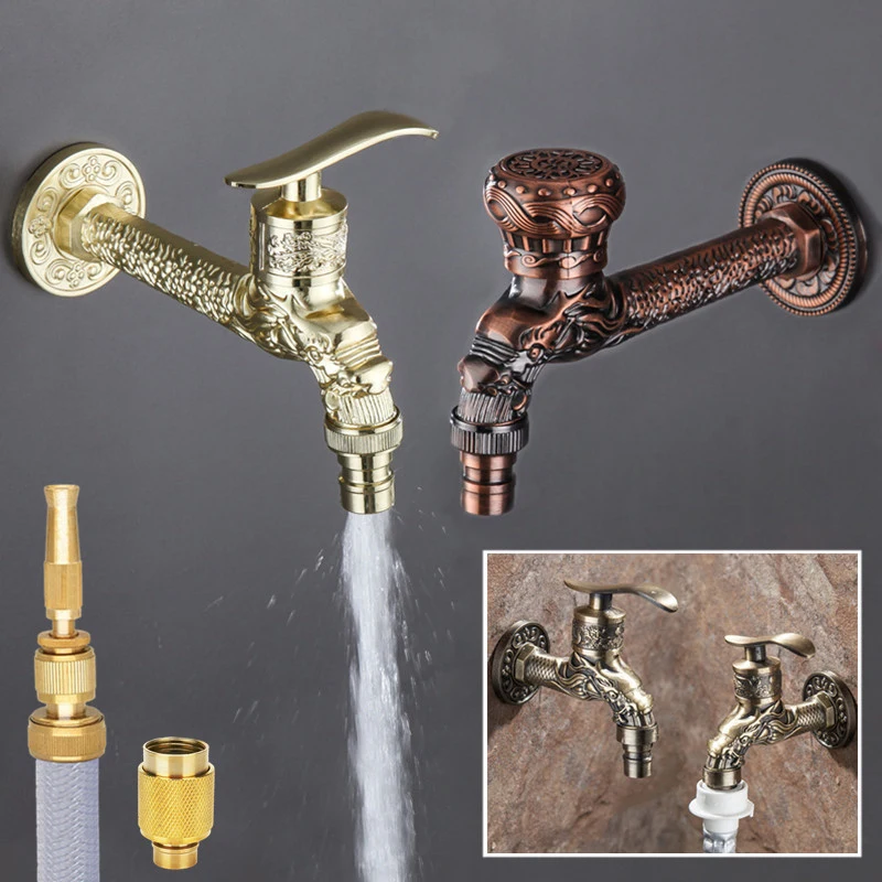 

Free Shipping Carved Wall Mount Garden Faucet Lengthen Brass Decorative Outdoor Bibcock Tap Watering Fitting Faucet Adapter