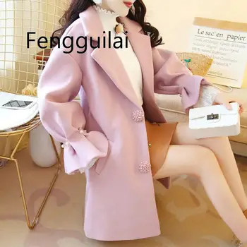 

FENGGUILAI 2019 Women Coat Outerwear Winter Lovely Warm Woolen Blends Female Elegant Flare Sleeve Beading Loose Woolen Coat