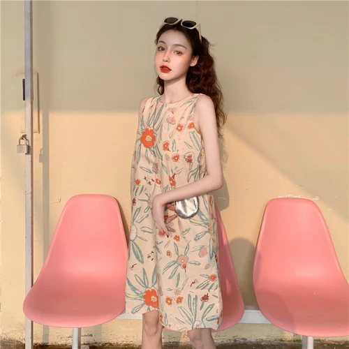 Sleeveless dress female loose retro print A word skirt
Sleeveless dress female loose retro print A word skirt