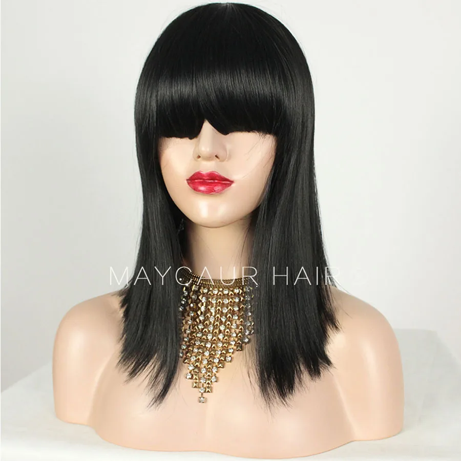 Maycaur Synthetic Wigs With Full Bangs Black Color Heat Resistant Fiber Hair None Lace Medium Size Short Bob Wig For Women (3)
