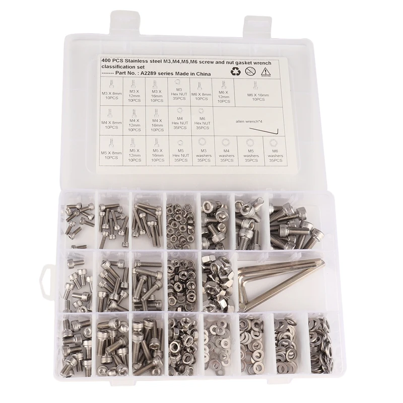 400Pcs Stainless Steel Screws And Nuts M3 M4 M5 M6 Hex Socket Head Cap Screws Assortment Set Kit With Storage Box With Wrench
400Pcs Stainless Steel Screws And Nuts M3 M4 M5 M6 Hex Socket Head Cap Screws Assortment Set Kit With Storage Box With Wrench