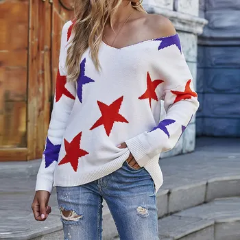 Stars Print Casual Knitted Autumn Women Sweater V-Neck Nylon Lady Long Sleeve Knit Jumper Female Loose Knit Pullover Streetwear 
Stars Print Casual Knitted Autumn Women Sweater V-Neck Nylon Lady Long Sleeve Knit Jumper Female Loose Knit Pullover Streetwear