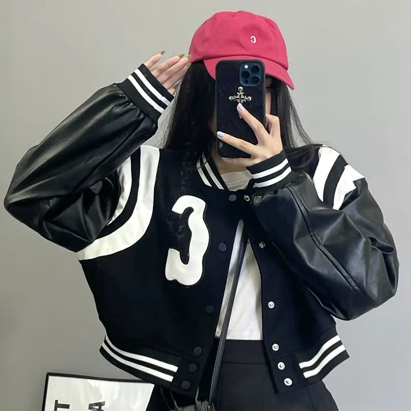 Уличная одежда Harajuku, винтажная однобортная куртка контрастных цветов из искусственной кожи, бейсбольная форма, короткая верхняя одежда
Уличная одежда Harajuku, винтажная однобортная куртка контрастных цветов из искусственной кожи, бейсбольная форма, короткая верхняя одежда