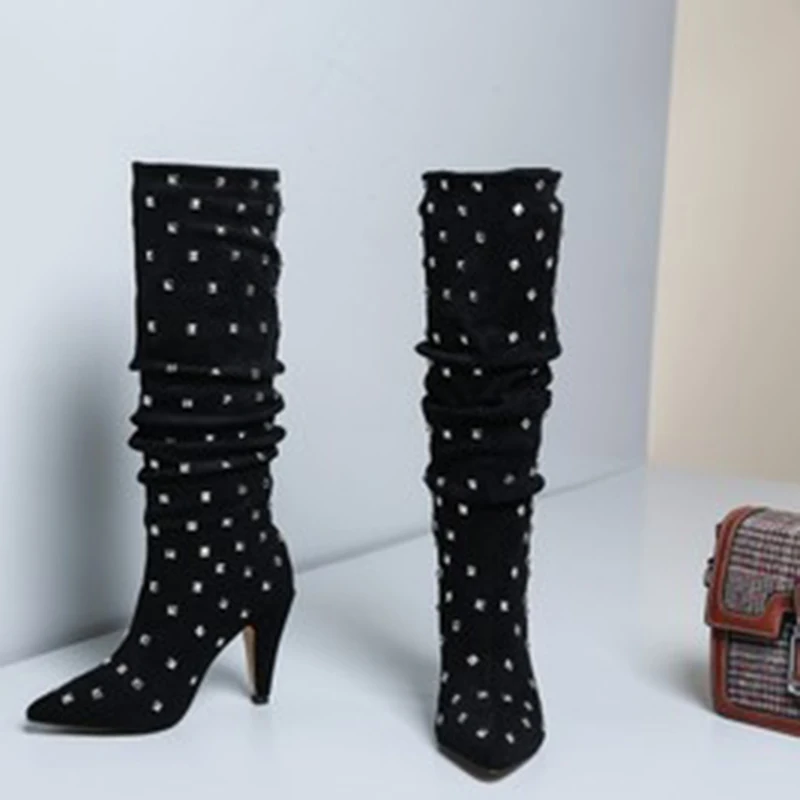 

SUPER Women High Heel Thigh High Boots Studded Stiletto Long Tall Boots Shoes Woman Botines Mujer Larger Big Size 34-52