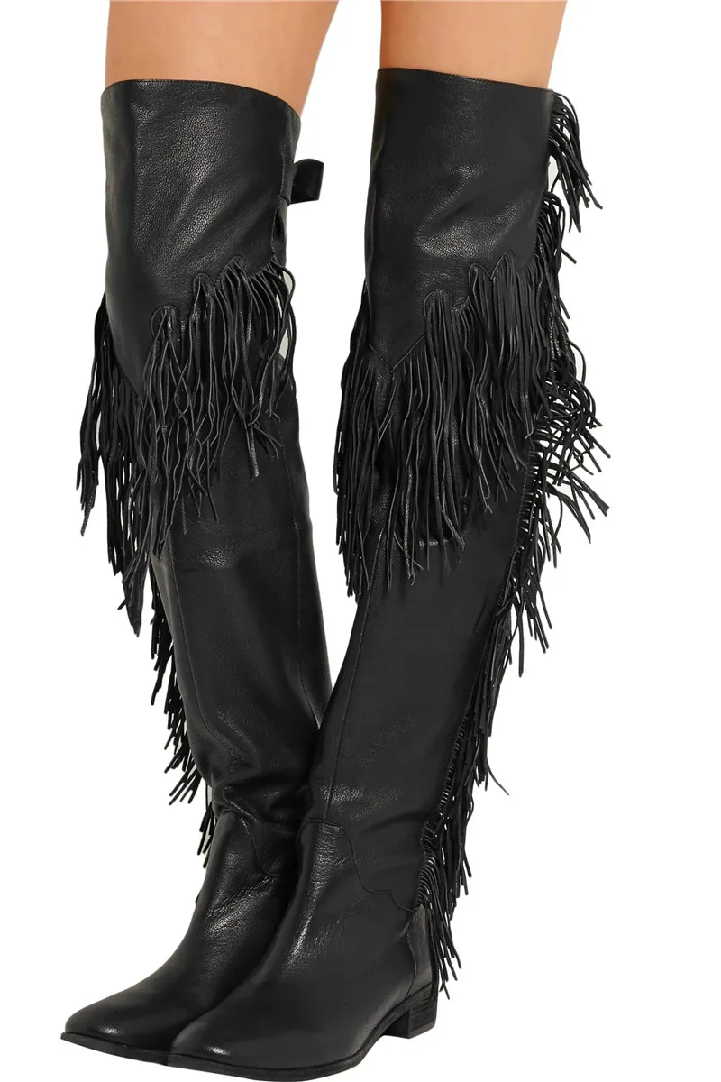 

Fashion Winter Black Fringed Over The Knee Boots Autumn Tassel Chunky Thigh High Boots Brand Designer Mid Heel Women Shoes 2020