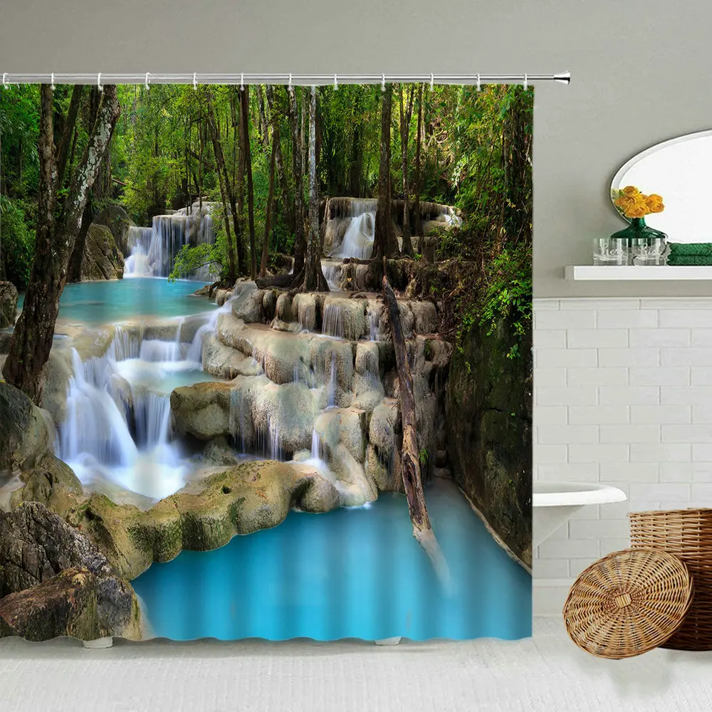 

Waterfall Forest Natural Scenery Shower Curtain Lake River Trees Green Plants Spring Scene Family Bathroom Waterproof Curtains