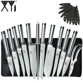 

XYj Kitchen Knives Set Tool Chef Slicing Bread Boning Utility Paring Knife + Sharpening Bar + Chicken Bone Scissors + Knife Bag