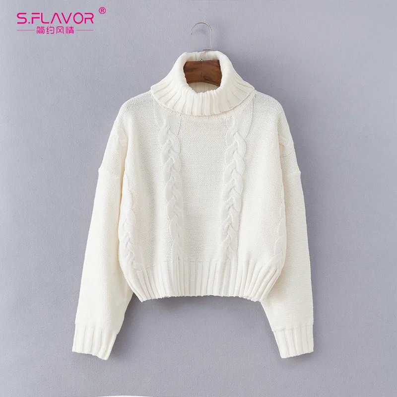 S. FLAVOR женский белый свитер с высоким воротом 2019 осень зима Повседневный короткий