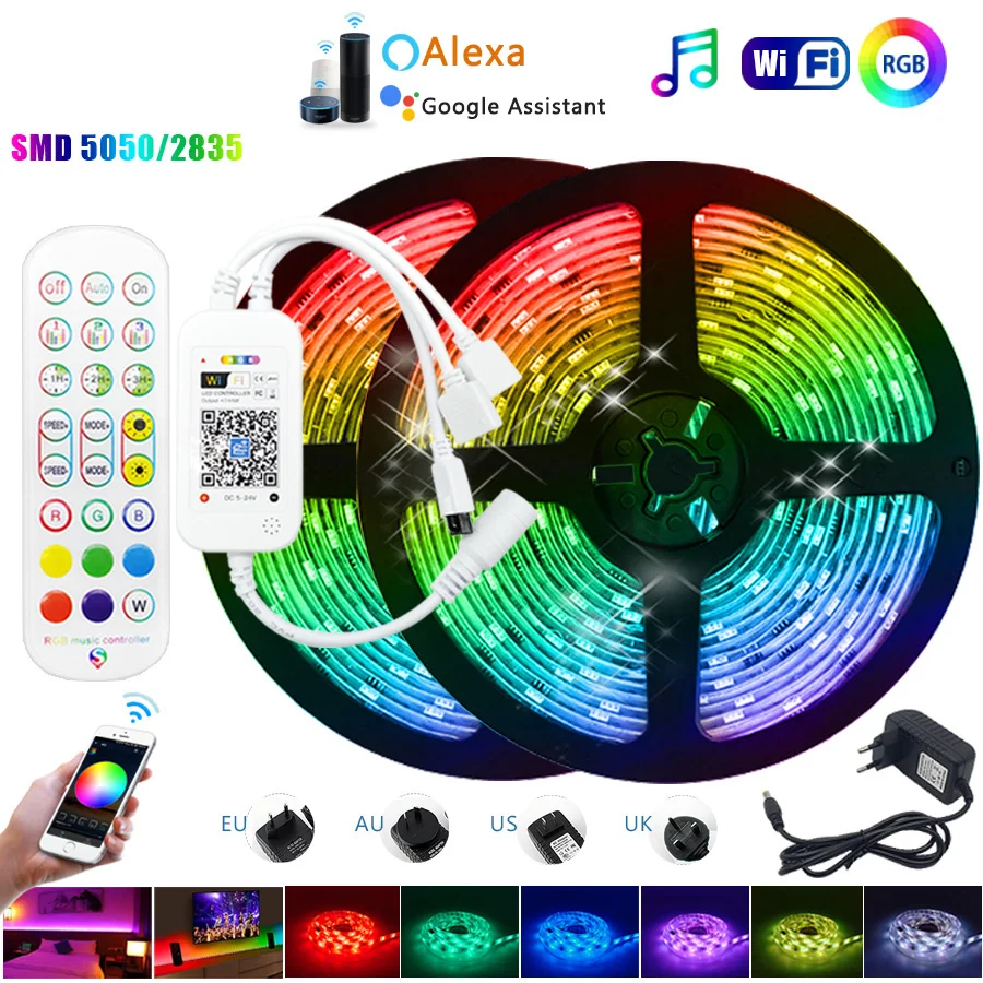 New Music WiFi Luces LED Strip Light 5M 10M 15M 5050 SMD 2835 Flexible Ribbon RGB Tape Diode + DC12V Adapter for Home Decoration
New Music WiFi Luces LED Strip Light 5M 10M 15M 5050 SMD 2835 Flexible Ribbon RGB Tape Diode + DC12V Adapter for Home Decoration