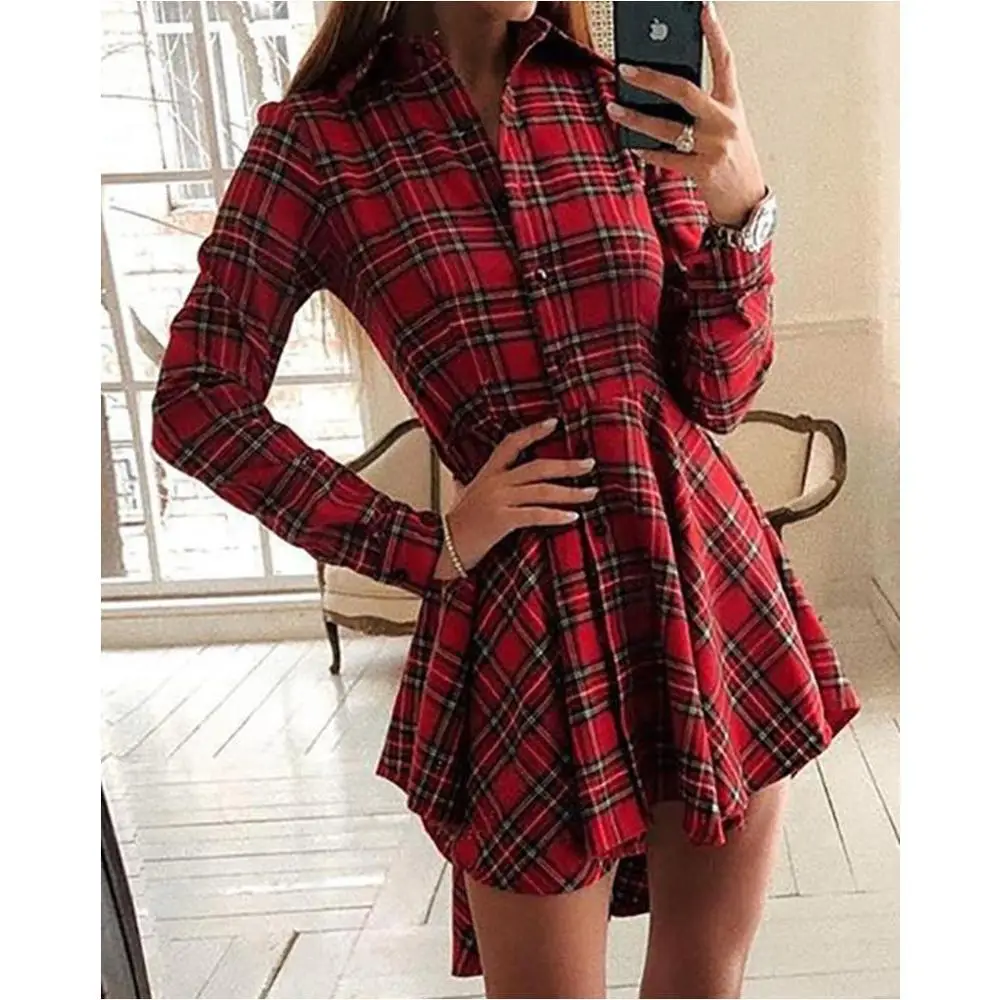 Plaid Print Button Shirt Dresses Autumn Fashion Women Casual Dress Turn-down Collar Irregular Dress Long Sleeve Vestidos
Plaid Print Button Shirt Dresses Autumn Fashion Women Casual Dress Turn-down Collar Irregular Dress Long Sleeve Vestidos
