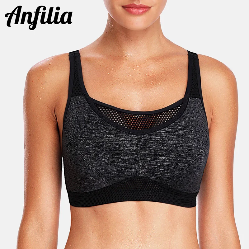 

Anfilia Women's Hight Impact Sports Bra Padded Support Yoga Bra Mesh Breathable Fitness Workout Racerback Anti-sweat Sports Top