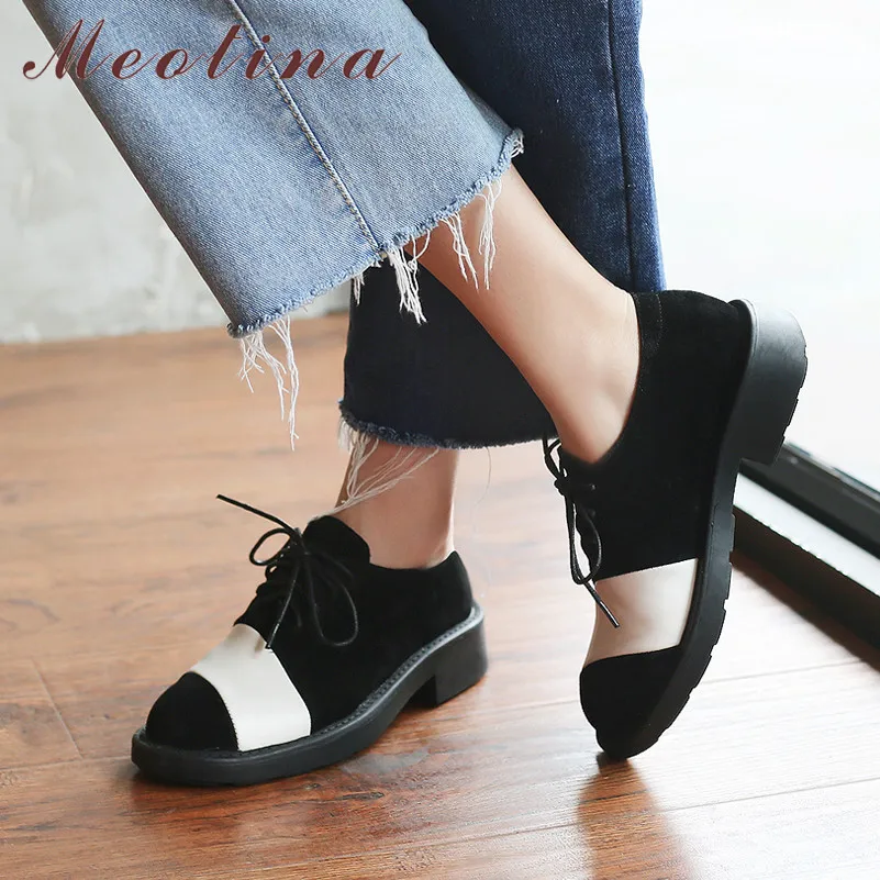 

Meotina High Heels Women Shoes Cow Suede Thick Heel Derby Shoes Genuine Leather Mixed Colors Round Toe Pumps Lady Big Size 33-43