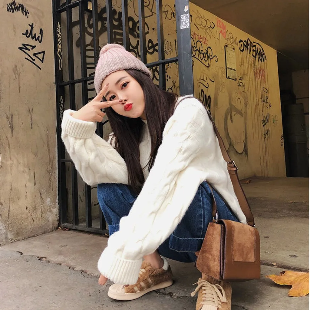 Jaycosin Fashion Women Casual Simple Long Sleeve Knitting Sweater Stylish Solid Color Comfortable Warm Lazy Wind Sweater