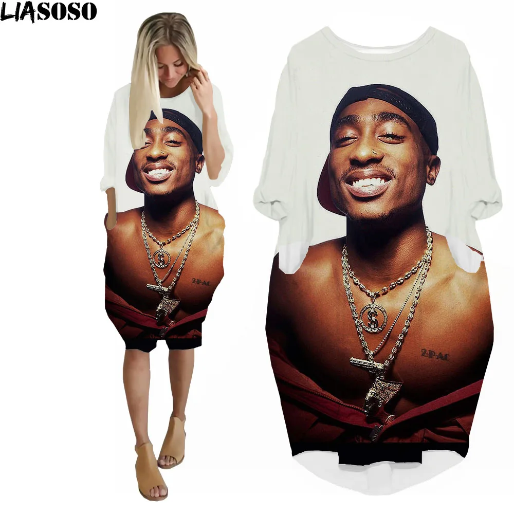 

LIASOSO Tupac 2Pac Casual Dress Women 3D Print Loose Long Sleeve 90's Rapper Summer Dress Dj Rock Kawaii clothes Ladies Dresses