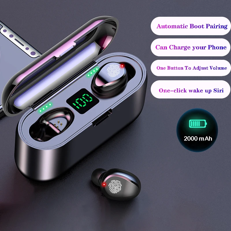 F9 Bluetooth Earphone 5.0 TWS Mini Wireless Earbuds Power Display Earphone with LED Charging Box Sports Power Bank
F9 Bluetooth Earphone 5.0 TWS Mini Wireless Earbuds Power Display Earphone with LED Charging Box Sports Power Bank