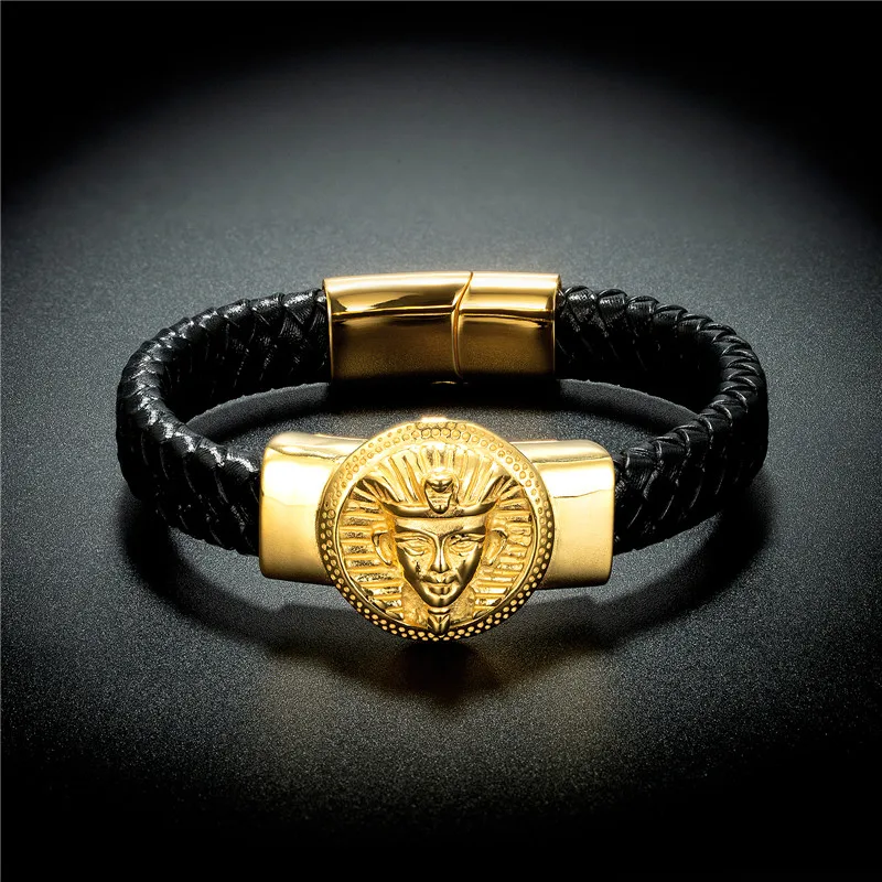 

Fashion Men's Bracelet Egyptian Pharaoh Image Stainless Steel Magnetic Clasp Braided Leather Bangles & Bracelets Punk Jewelry