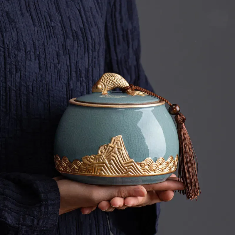 

Ge Kiln Ceramic Tea Can Non Woven Fabric Sealed Tank Pu'er Tea Caddy Chinese Style Three-dimensional Carved Tea Storage Pot