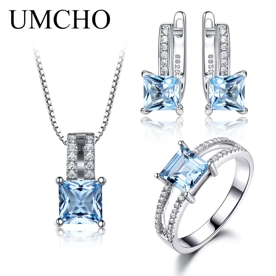 

UMCHO 925 Sterling Silver Jewelry Set Nano Aquamarine Sky Blue Topaz Ring Pendant Stud Earrings Necklace For Women Fine Jewelry