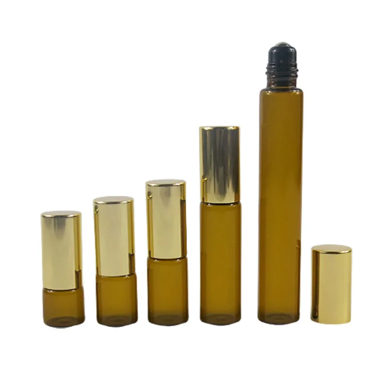 

1ML 2ML 3ML 5ML 10ML Amber Roll On Roller Bottle for Essential Oils Refillable Perfume Bottle Deodorant Containers with Gold lid