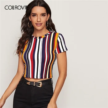 COLROVIE Multicolor Form Fitted Striped Crop Tee Women 2020 Summer Round Neck Cap Sleeve T Shirt Office Ladies Casual T-shirts
COLROVIE Multicolor Form Fitted Striped Crop Tee Women 2020 Summer Round Neck Cap Sleeve T Shirt Office Ladies Casual T-shirts