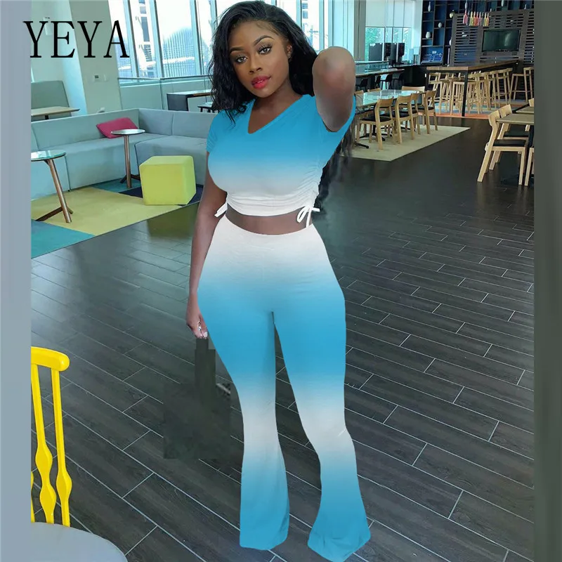 YEYA Casual Gradient V-neck Short Sleeve Side Drawstring Top and Flared Pants Fall Clothes for Women Two Piece Outfits
YEYA Casual Gradient V-neck Short Sleeve Side Drawstring Top and Flared Pants Fall Clothes for Women Two Piece Outfits