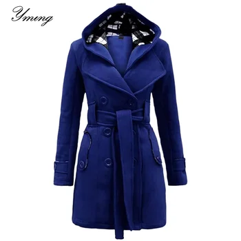 

YMING Women Wnter Double Breasted Pea Long Sleeve Coat Mid Length Outwear Trench Check Hood Coat