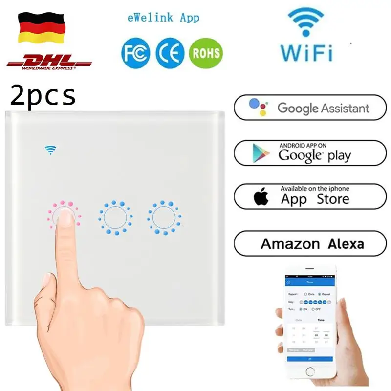 2pcs 1/2/3 Gang Wi-Fi Touch Switch Wall Light Panel Wireless Intelligence Timing&Remote Control APP Work with Alexa Google Home
2pcs 1/2/3 Gang Wi-Fi Touch Switch Wall Light Panel Wireless Intelligence Timing&Remote Control APP Work with Alexa Google Home