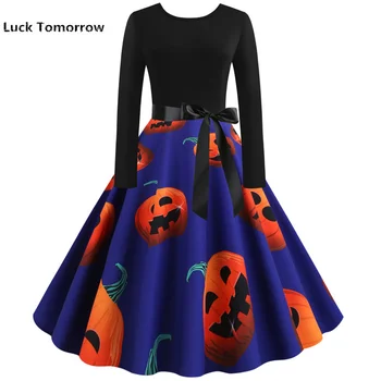 New 2019 Autumn Women Halloween Dress Plus Size Elegant Blue Vintage Pumpkin Print Dresses Winter Long Sleeve Party Clothes 
New 2019 Autumn Women Halloween Dress Plus Size Elegant Blue Vintage Pumpkin Print Dresses Winter Long Sleeve Party Clothes