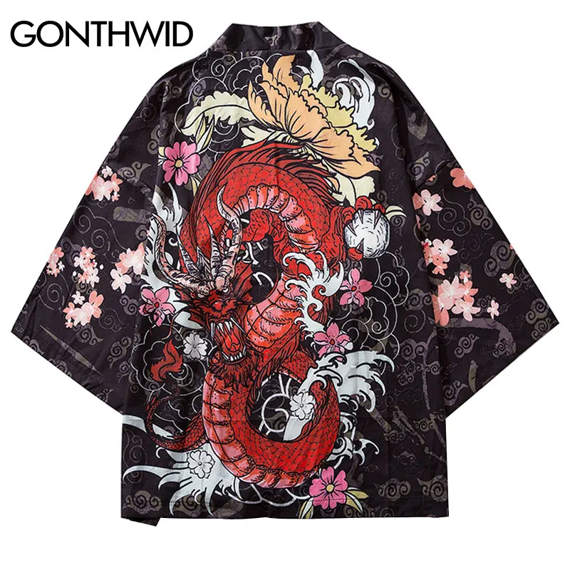 GONTHWID Harajuku Dragon Cherry Blossoms Flowers Print Kimono Cardigan Shirts Jackets Streetwear Japanese Style Open Front Coats
GONTHWID Harajuku Dragon Cherry Blossoms Flowers Print Kimono Cardigan Shirts Jackets Streetwear Japanese Style Open Front Coats