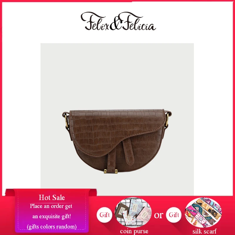 

FELIX&FELICIA Fashion Saddle Shoulder Bags for Women Ladies Crossbody PU Leather Designer Luxury Messenger Coffee Color Bag