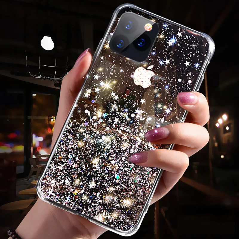 Transparent Glitter Bling Sequins Case For iphone 11 8 7 Plus 6 6s Epoxy Star Pro MAX X XR XS Soft TPU Cover | Мобильные телефоны и