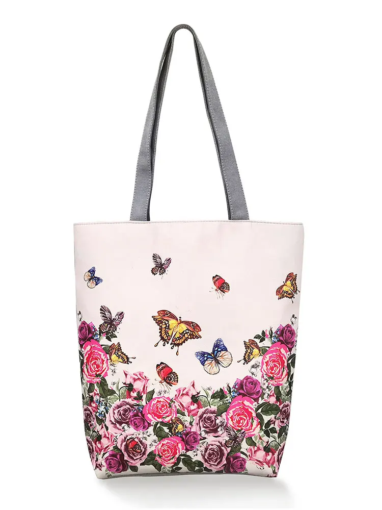 

Miyahouse Floral Butterfly Printed Handbag Women Shoulder Bag Canvas Summer Beach Bag Daily Use Female Shopping Bag Lady 1534F
