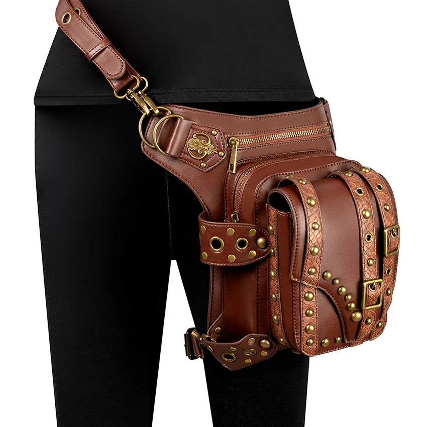 

Motorcycle Bag Rivet Women Satchel Shoulder Vintage Fanny Pack Steampunk Hip Sack Backpack PU Leather Crossbody Bag for Man