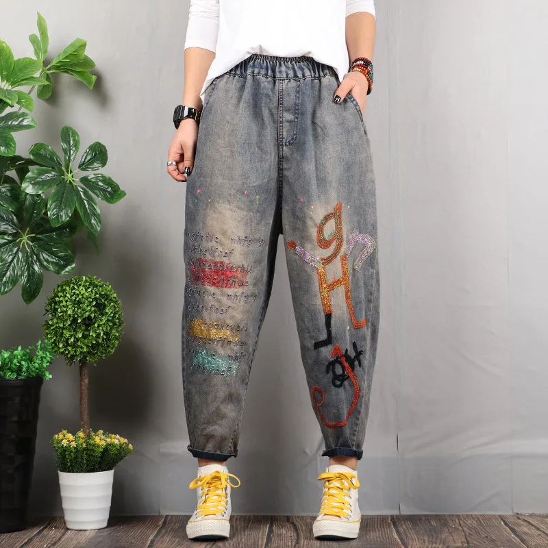 Spring Autumn Jeans Women Retro Embroidery Vintage Washed Letter Painted Elastic Waist Female Loose Denim Straight Pants Tide Spring Autumn Jeans Women Retro Embroidery Vintage Washed Letter Painted Elastic Waist Female Loose Denim Straight Pants Tide