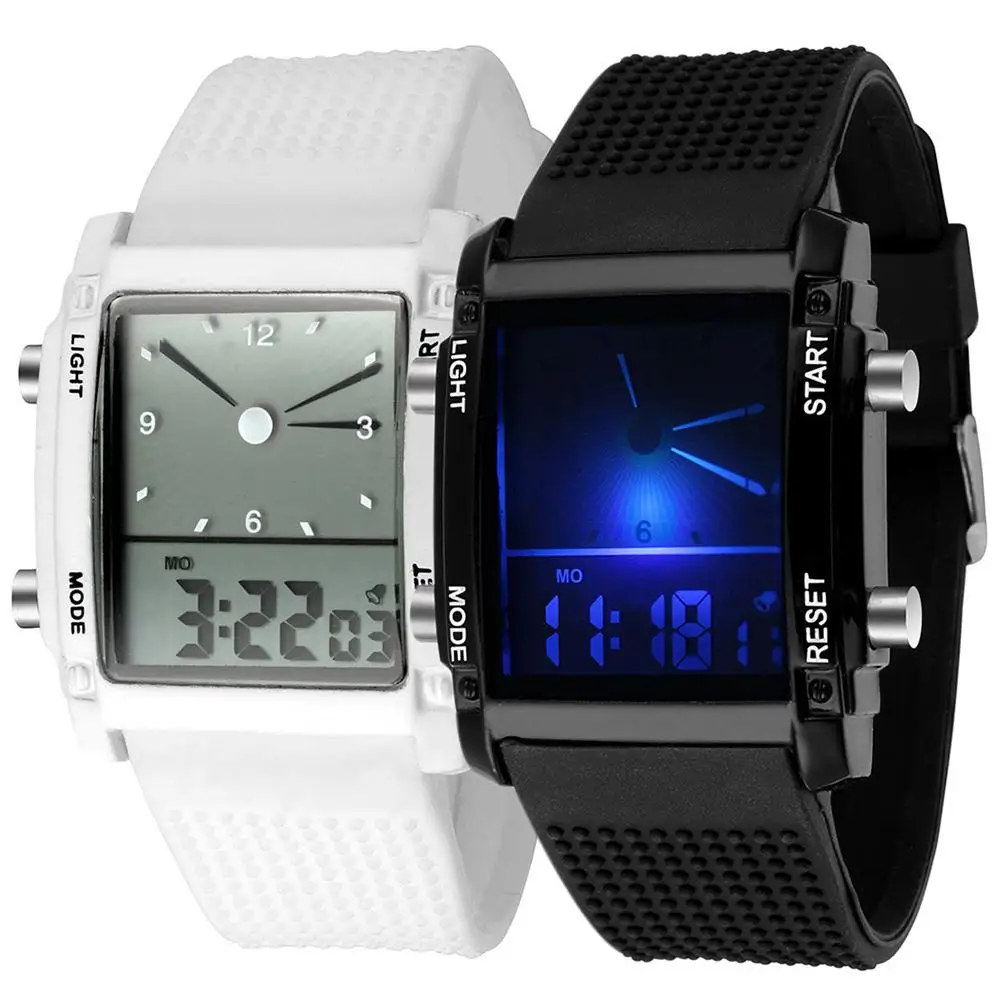 

Цифровые часы, квадратный циферблат, двойной дисплей времени, день, будильник, цветные светодиодные спортивные часы, электронные наручные часы, новые часы