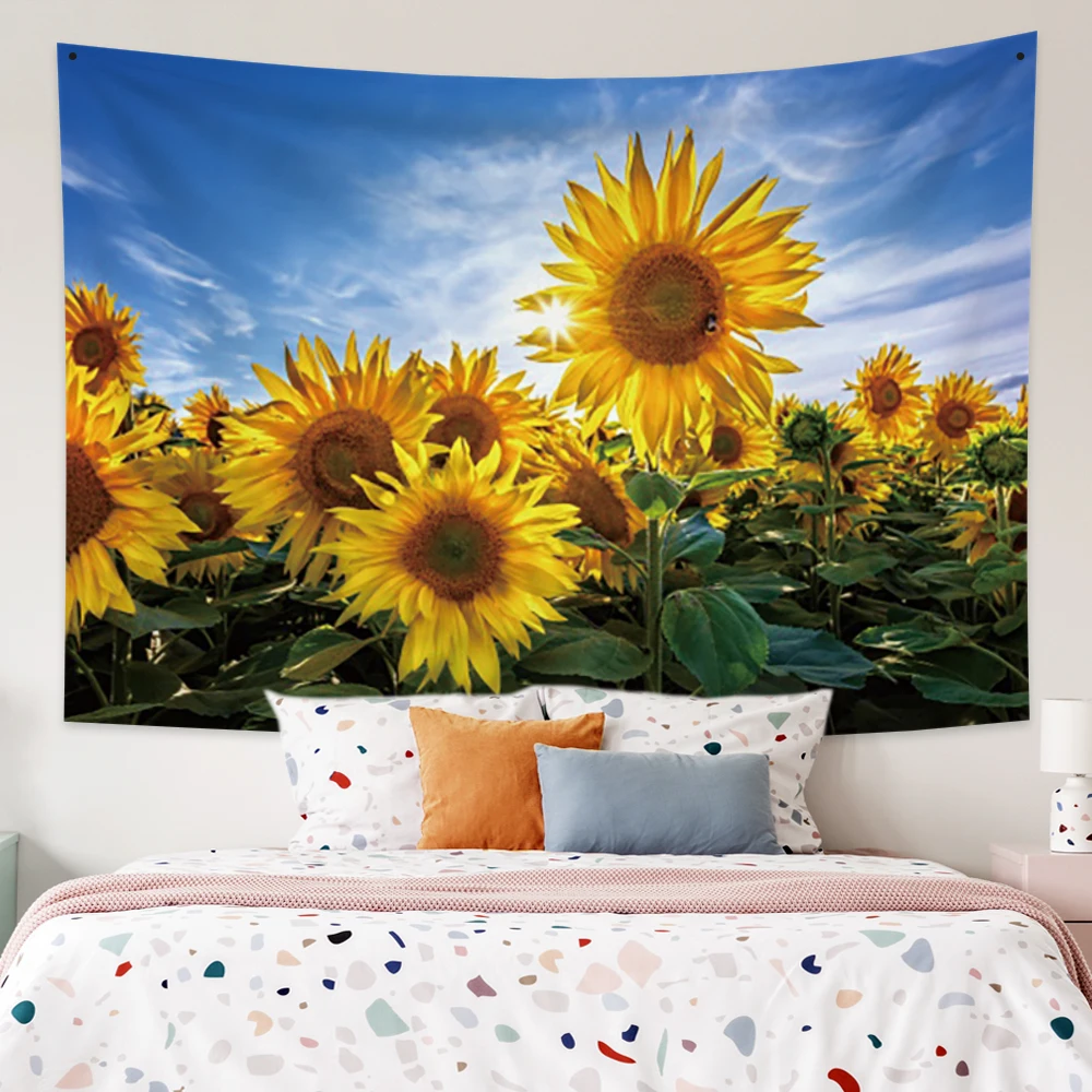 

Laeacco Golden Sunlight Sunflower Tapestry Blanket Wall Hanging Blue Sky Cloud Wall Carpet Beach Towel Cloth Bedroom Home Decor