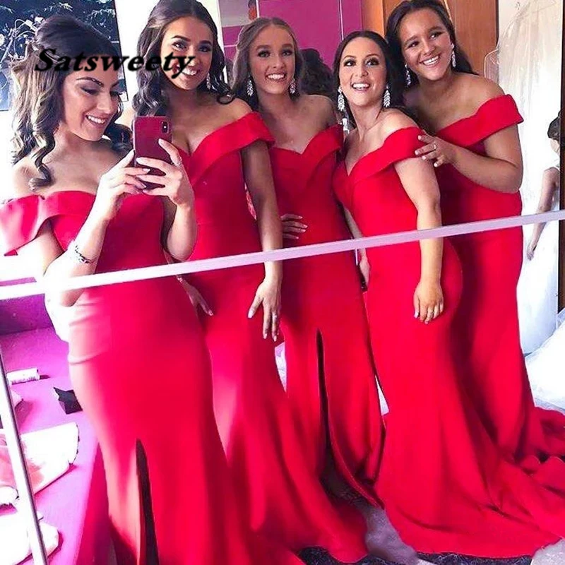Elegant Off The Shoulder Satin Mermaid Long Bridesmaid Dresses Ruched Split Sweep Train Wedding Guest Maid Of Honor Dresses
Elegant Off The Shoulder Satin Mermaid Long Bridesmaid Dresses Ruched Split Sweep Train Wedding Guest Maid Of Honor Dresses