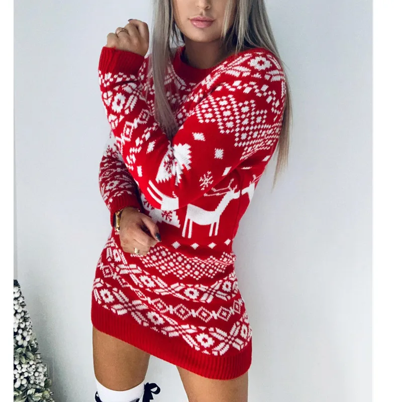 Женское трикотажное платье-свитер с принтом рождественского оленя длинным