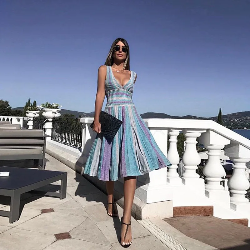 BacklakeGirls Sexy Deep V Neck New Rainbow Pattern Sundress Sleeveless Knee Length Elegant Cocktail Dress Robe Cocktail Femme
BacklakeGirls Sexy Deep V Neck New Rainbow Pattern Sundress Sleeveless Knee Length Elegant Cocktail Dress Robe Cocktail Femme