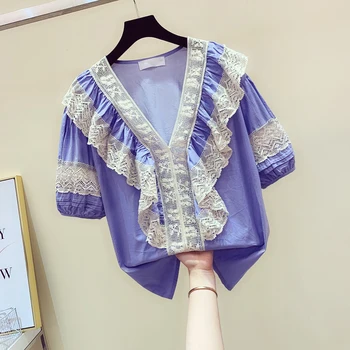 Woman Blouse Spring Summer New Ruffled Lace Stitching Shirt V-neck Lantern Sleeve Elegant Half-Sleeve Shirt Blusas Female Top
Woman Blouse Spring Summer New Ruffled Lace Stitching Shirt V-neck Lantern Sleeve Elegant Half-Sleeve Shirt Blusas Female Top
