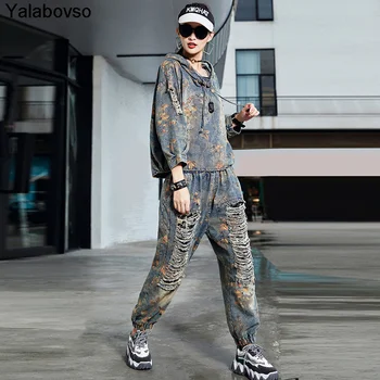 Two Piece Outfits Set For Women Hotsale Women's Fashion Suit 2020 Autumn Korean Style Loose Printing Hole Denim Suit Women 
Two Piece Outfits Set For Women Hotsale Women's Fashion Suit 2020 Autumn Korean Style Loose Printing Hole Denim Suit Women