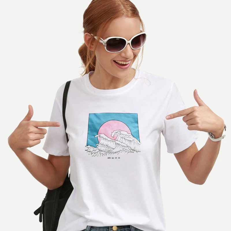 Женская футболка с короткими рукавами Harajuku белая волнистым принтом лето 2019 |