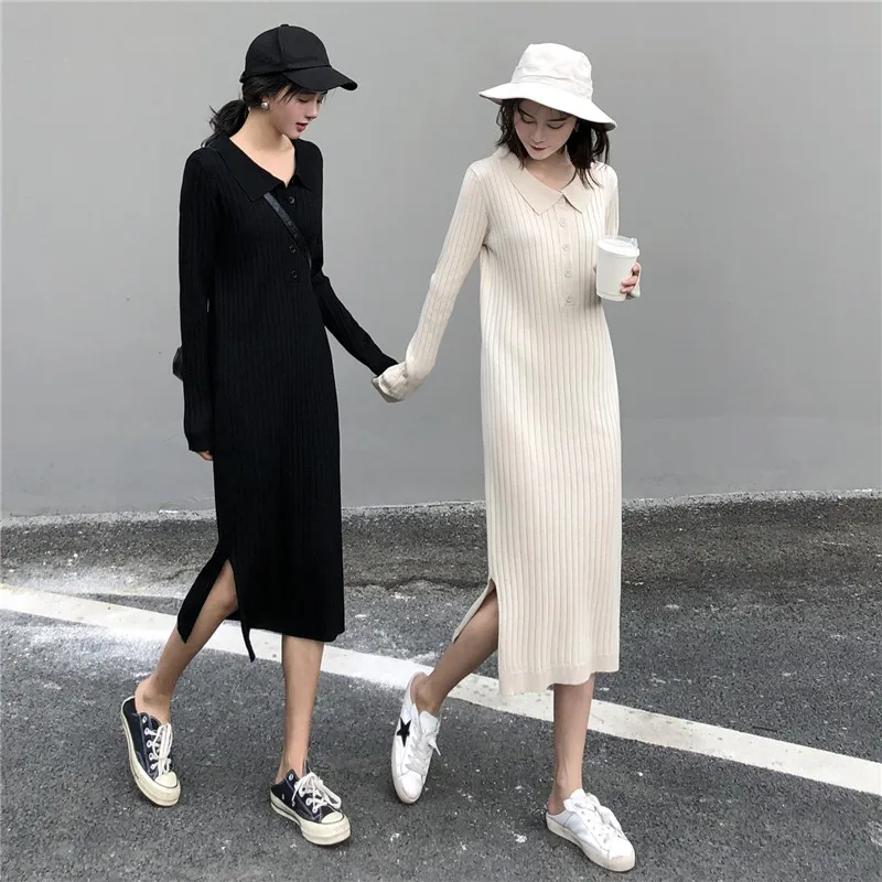 Korean Style Autumn Winter Dress Women Chic Turn-down Collar Buttons Midi Knitted Sweater Dress Long Sleeve Black Vestidos Mujer
Korean Style Autumn Winter Dress Women Chic Turn-down Collar Buttons Midi Knitted Sweater Dress Long Sleeve Black Vestidos Mujer