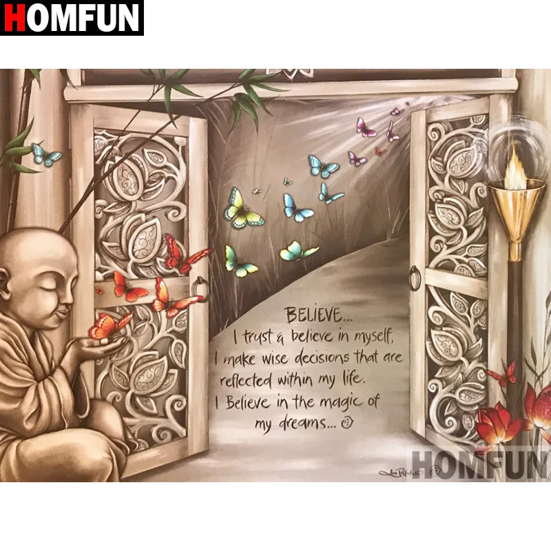 Алмазная живопись HOMFUN текст Будды бабочки вышивка крестиком фото на заказ из