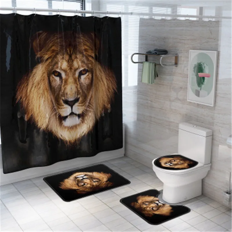 

4Pcs/set Bathroom Mat Set Digita Print Animal Lion Bath Mat Coral Fleece Shower Curtain Non-slip Floor Mat Washable Toilet Rug