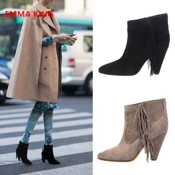 Suede Fringe Design Women Ankle Boots 2019 Stylish Pointed Toe Spike High Heels Short Boots Side Zip Runaway Shoes Black /Brown
Suede Fringe Design Women Ankle Boots 2019 Stylish Pointed Toe Spike High Heels Short Boots Side Zip Runaway Shoes Black /Brown