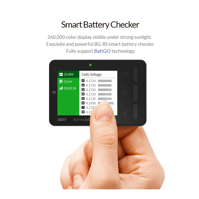 ISDT BattGo BG-8S Smart Battery Checker Balancer Receiver Signal Tester Quick Charge Function
ISDT BattGo BG-8S Smart Battery Checker Balancer Receiver Signal Tester Quick Charge Function